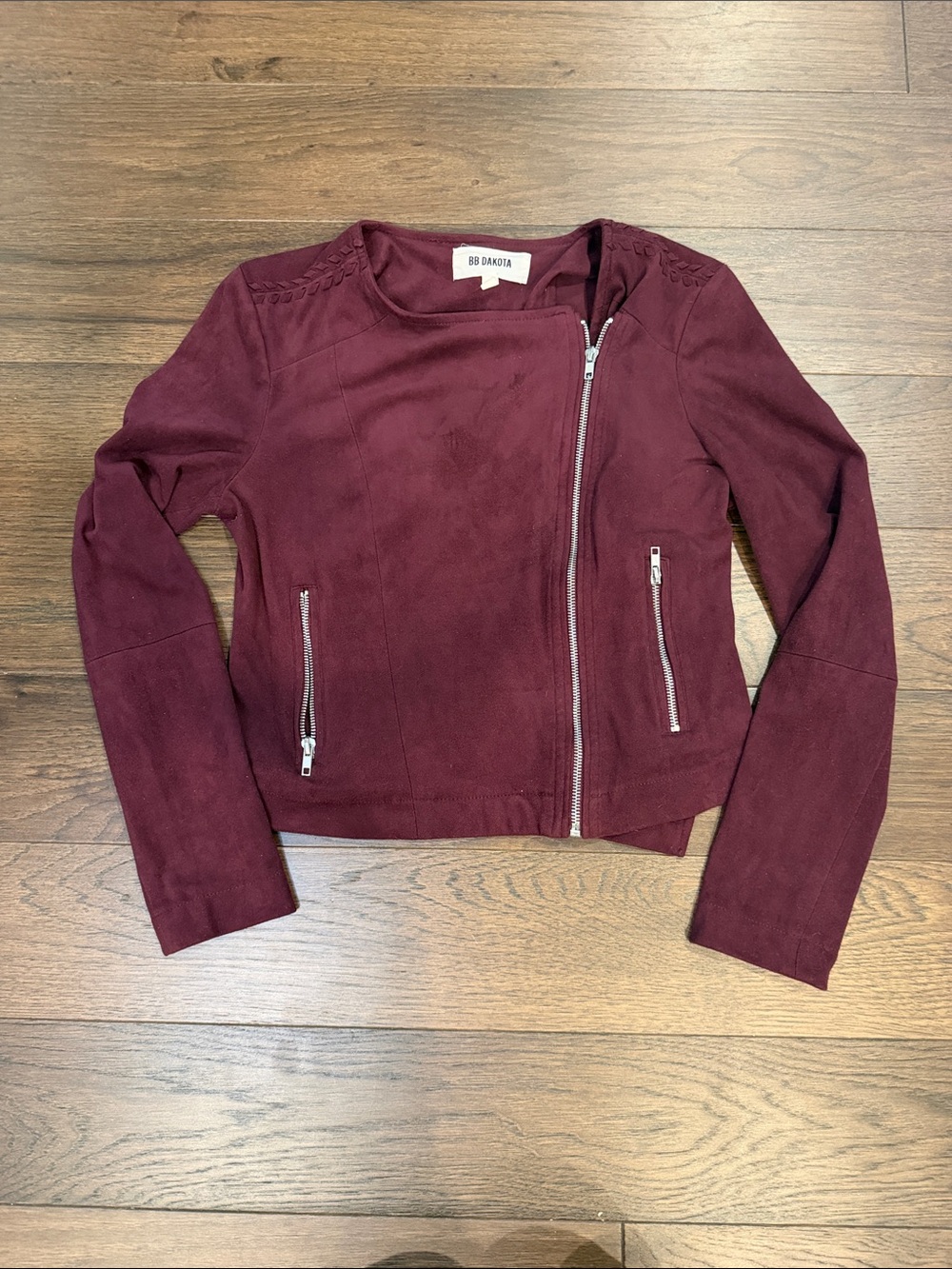 BB Dakota Faux Suede Moto Jacket Burgundy Wine Braided Size Small - C61-122